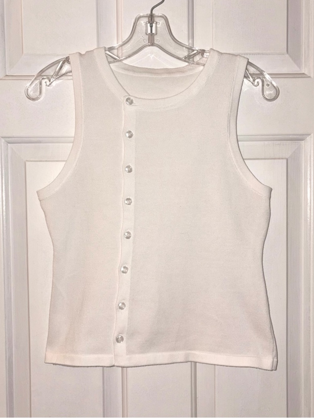 Sleeveless Button-Front Knit Tank Top in White